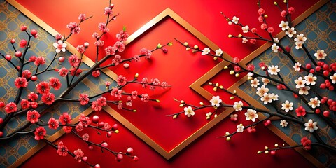 Beautiful floral decoration with red and white blossoms against a vibrant red background in a traditional Asian style setting