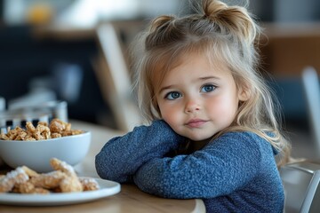 A young girl characterized by her bright eyes and thoughtful expression, sitting with snacks, exemplifying innocence, curiosity, and the joy of childhood moments.