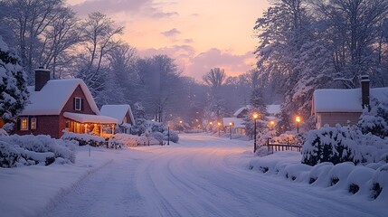 Naklejka premium A picturesque winter village featuring charming houses, snowy streets, and a peaceful twilight glow