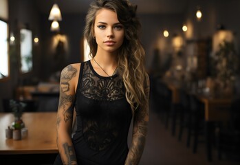 Beautiful tattooed woman on dark background