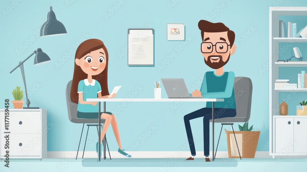 Poster friendly office workspace with a woman using a smartphone and a man working on a laptop, emphasizing