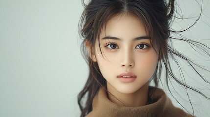 Chic Korean-inspired fashion portrait of a Japanese girl, beige-brown hair, soft-focus, high-detail 50mm lens shot, natural look with minimal lighting 