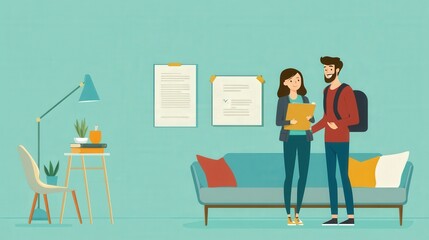 Happy couple discussing plans in a modern home interior with light turquoise walls, stylish furniture, and contemporary decor, showcasing teamwork and collaboration.