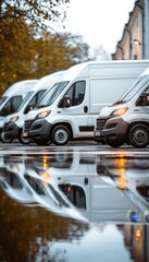 Fototapeta premium White Delivery Vans Parked on Wet Asphalt, Reflections in Puddles, Fleet Vehicles, Urban Setting