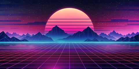 Vivid retro sunset over mountains reflecting on a grid landscape in a vibrant color palette