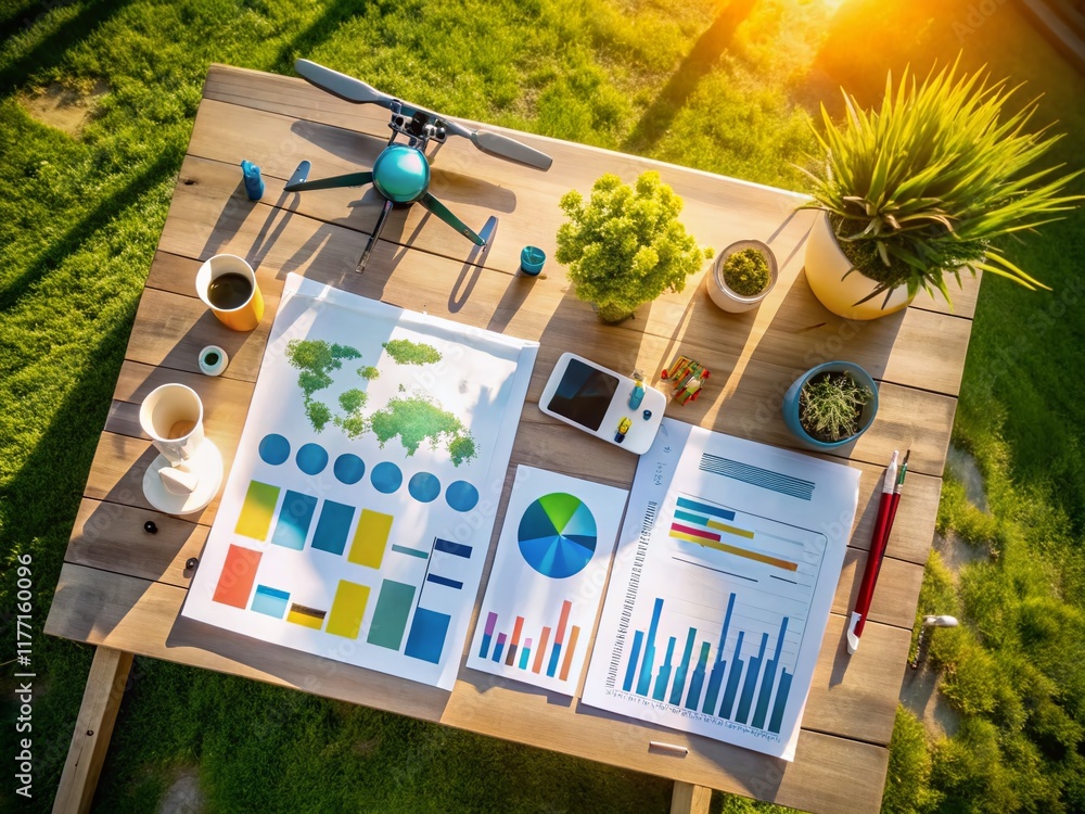 Poster aerial drone view of colorful infographic pack collection displayed on a table