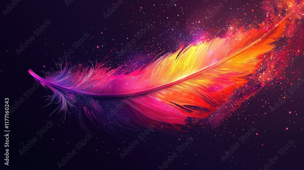 Poster abstract image of bird feather of a starry sky or space, consisting of points, lines, and shapes in 