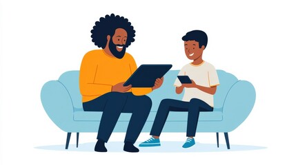 Happy father and son enjoying quality time together on a cozy couch, exploring digital content on their devices with smiles and laughter in a bright living room setting