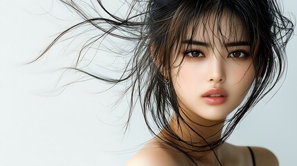 Fototapeta premium Highly detailed portrait of a stylish Japanese girl, beige-brown hair with thin bangs, trendy Korean fashion, soft natural lighting, white background, shallow focus 