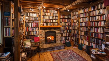 Obraz premium Charming bookstore interior featuring shelves of books, a comfortable reading nook, and a crackling fireplace