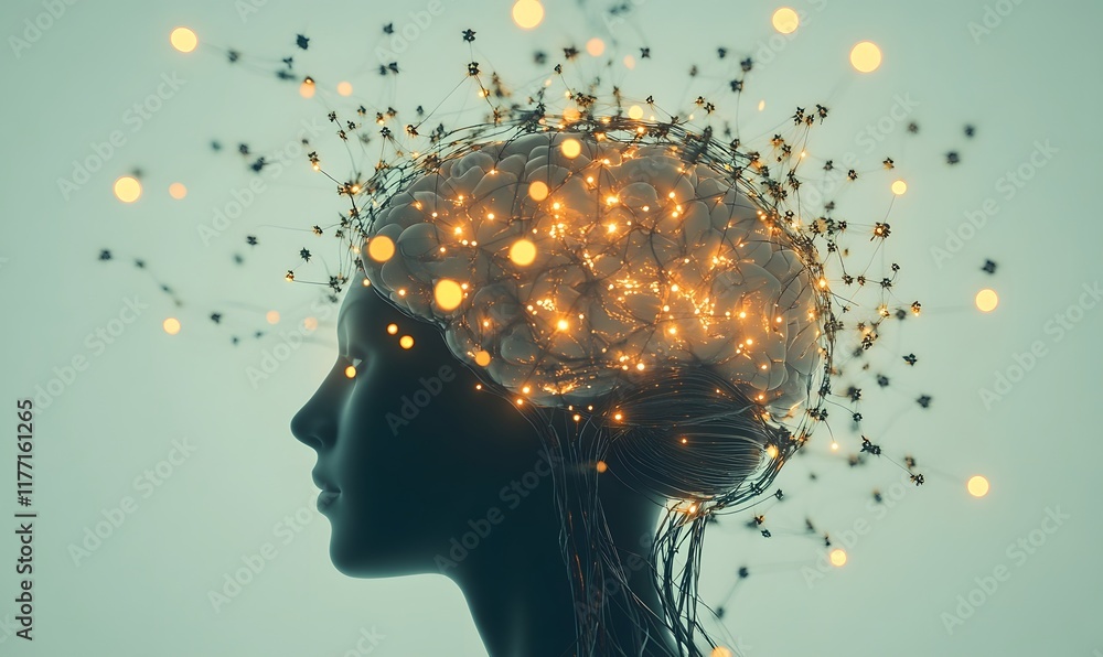 Poster illuminated brain with neural connections.