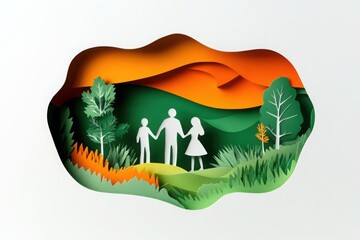 Family enjoying nature in vibrant paper cut landscape with trees and rolling hills during sunset