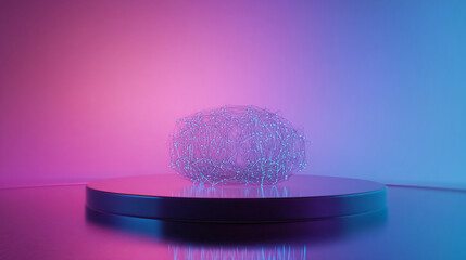 Abstract wireframe structure on modern podium with pink and blue gradient