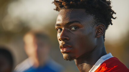 Young athlete gazes intensely during outdoor soccer practice in the evening light