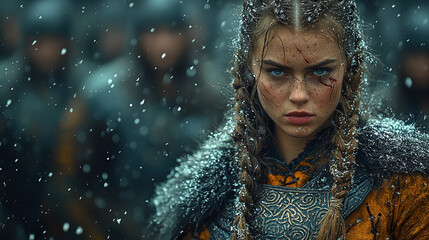 Fierce Viking Warrior Woman with Intricate Face and Body Tattoos in Diverse Natural Settings, from Stormy Seas to Misty Forests, Showcasing Strength, Beauty, and Battle Readiness