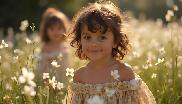 Ni&ntilde;as guapas con vestido de flores en un prado lleno de flores blancas. Primavera. D&iacute;a soleado. Escena tierna