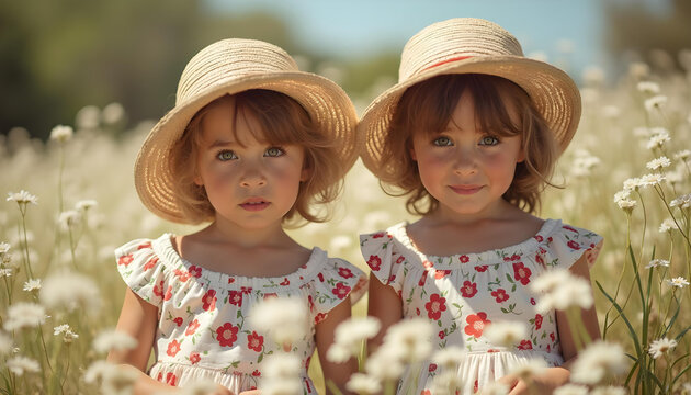Ni&ntilde;as guapas con vestido de flores y sombrero de paja en un prado lleno de flores blancas. Primavera. D&iacute;a soleado. Escena tierna
