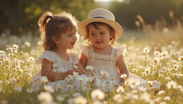 Ni&ntilde;as guapas con vestido de flores y sombrero de paja en un prado lleno de flores blancas. Primavera. D&iacute;a soleado. Escena tierna