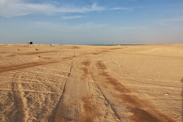 Small village Arkeiss in Sahara desert with Atlantic ocean meets, Mauritania, West Africa