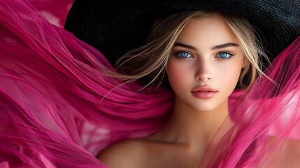 A captivating portrait of a model with blonde hair and blue eyes wearing an elegant dark pink night dress and large black hat, shot in ultra-realistic detail with a focus on luxurious pink and 