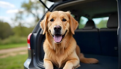 Golden retriever enjoying a car ride with a big smile and wagging tail