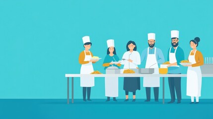 Diverse Group of Chefs and Volunteers Preparing Food Together in a Bright and Cheerful Kitchen Setting for Community Service or Charity Event