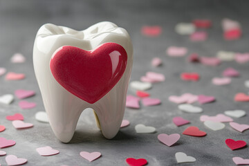 Obraz premium A tooth-shaped Valentine card with red and pink accents, postcard design. Valentine concept, dentist
