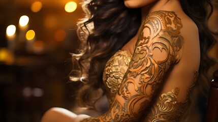 Beautiful tattooed woman on dark background