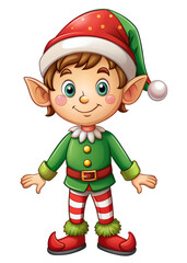 Cute elf character in festive attire with red and green outfit, cheerful expression, designed for holiday themes and decorations