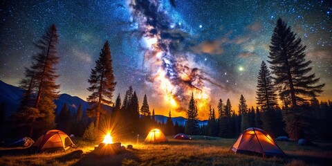 Obraz premium Aerial Night Campfire Scene: Starry Sky, Bonfire, Tent, Drone Photography
