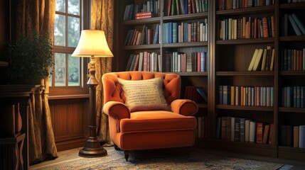 Classic reading nook with a traditional armchair, a lamp, and bookshelves lined with literary classics.