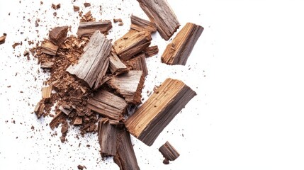Fototapeta premium Wood pieces and dust, crushed tree bark isolated on white background