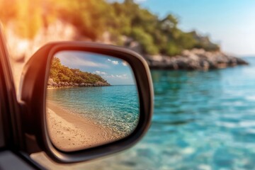 A beautiful, tranquil beach scene is mirrored in a car's side mirror, showcasing the stunning coastline and clear turquoise waters for a serene travel vibe.