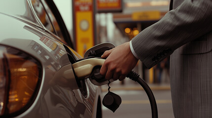 A hand in a gray pinstriped suit connects a charging cable to a glossy electric vehicle. The blurred gas station in the background highlights vibrant signage and the soft daylight