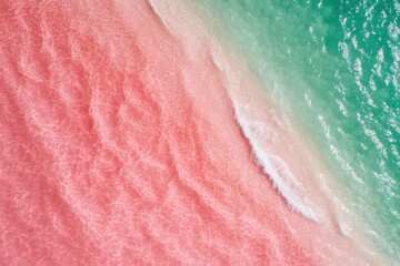 A breathtaking aerial view showcasing the stunning contrast of pink sand beach merging seamlessly with the clear turquoise waters, creating a unique coastal landscape.