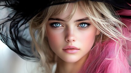 Obraz premium Stunning portrait of an elegant model with blonde hair and blue eyes, wearing a luxurious dark pink dress and a big black hat, shot in ultra-realistic, photo-realistic style with intricate detail 