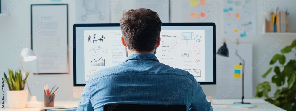 Aufkleber focused young professional analyzing data charts and graphs on a computer screen in a modern office 