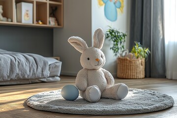 Adorable Plush Bunny Rabbit Toy in Child s Room Easter Egg Grey Rug