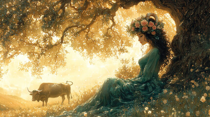 A serene woman with lush, dark hair crowned with a wreath of roses and bull horns, sitting beneath a grand oak tree in a meadow bathed in golden sunlight