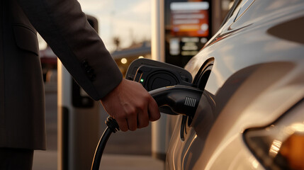 A close-up of a manâs hand, wearing a tailored charcoal-gray suit, holding a smooth charging handle. The charging stationâs digital display reflects in the carâs polished surface,
