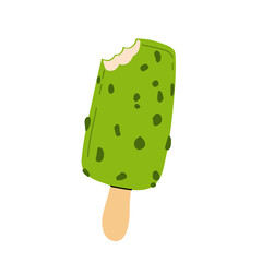 vector illustration of matcha ice cream. Set of ice cream on stick and waffle cone. Taiyaki with matcha flavored ice cream and strawberry. For menu design, food blogs, prints and postcards.