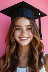A young woman wearing a black graduation cap and gown