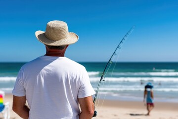 Obraz premium This picturesque scene showcases an older man casting his fishing line against a backdrop of shimmering ocean waves and clear blue skies, embodying peace and leisure.