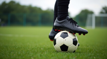 Obraz premium Close-up soccer scene showcasing player’s foot on ball