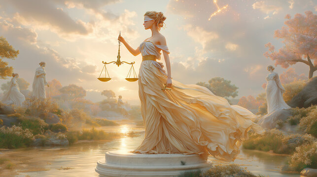 A stunning woman dressed in a flowing silk gown stands on a marble platform, holding an ornate set of golden scales in perfect balance