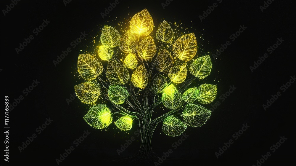 Poster abstract glowing leaf patterns forming a unique tree design in vibrant colors on dark background