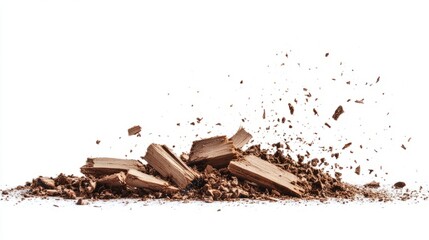 Fototapeta premium Wood pieces and dust, crushed tree bark isolated on white background