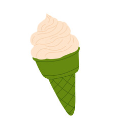 vector illustration of matcha ice cream. Set of ice cream on stick and waffle cone. Taiyaki with matcha flavored ice cream and strawberry. For menu design, food blogs, prints and postcards.