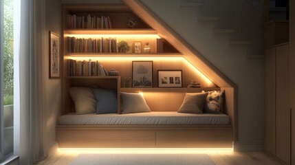 Comfortable under-stairs reading nook with built-in shelves, cozy seating, and ambient lighting, creating a serene corner in a modern home
