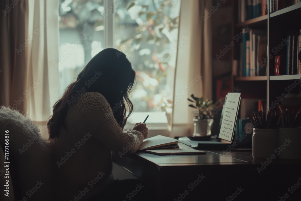 Poster a student engaged in writing in a notebook while seated at a study desk surrounded by a bookshelf ba